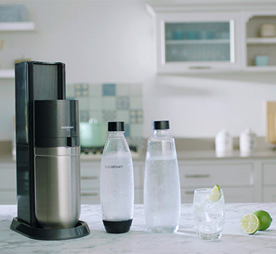 SodaStream DUO Water Carbonator without CO2 Cylinder, 1 x 1 Litre Glass  Bottle and 1 x 1 Litre Dishwasher Safe Plastic Bottle, Height: 44 cm,  Colour: Titanium, 19.1 x 36.6 x 44.5
